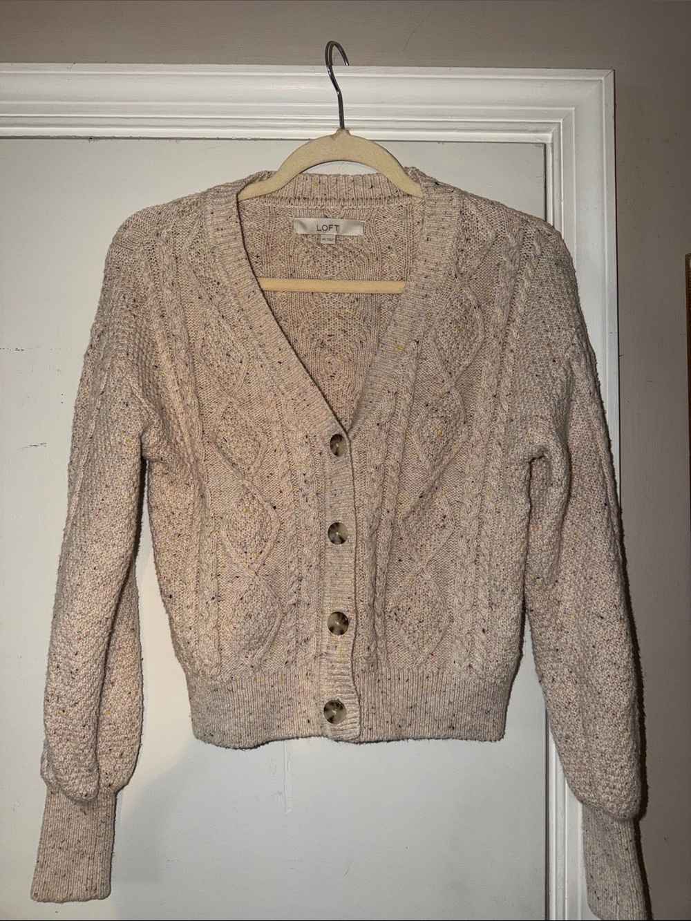 LOFT Cream Cable-Knit Button Cardigan with Multicolor Flecks